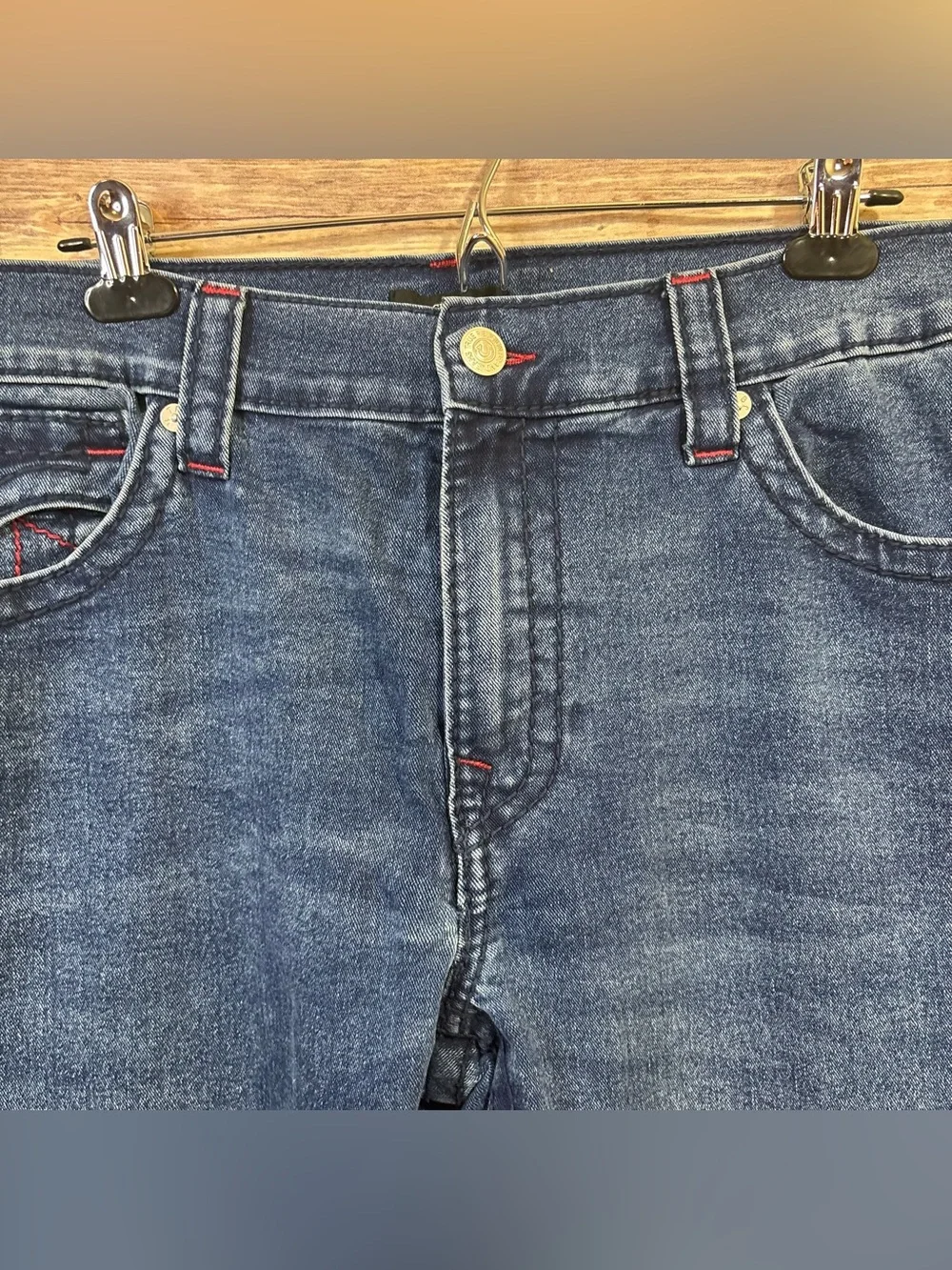 True Religion Men's Blue Jeans with Red Stitching Size 40 x 30